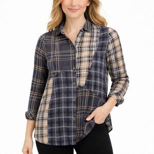 J.Jill Petite M Patchwork Plaid Gray Tan Button Front Shirt Soft Cotton Pockets